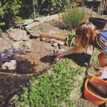 child helping in the garden, building a pond by adding plants